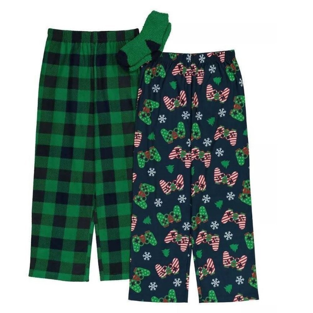 Boys Christmas Pajamas Gaming 10/12 Green Blue Lounge Pants & Socks 3 Pc